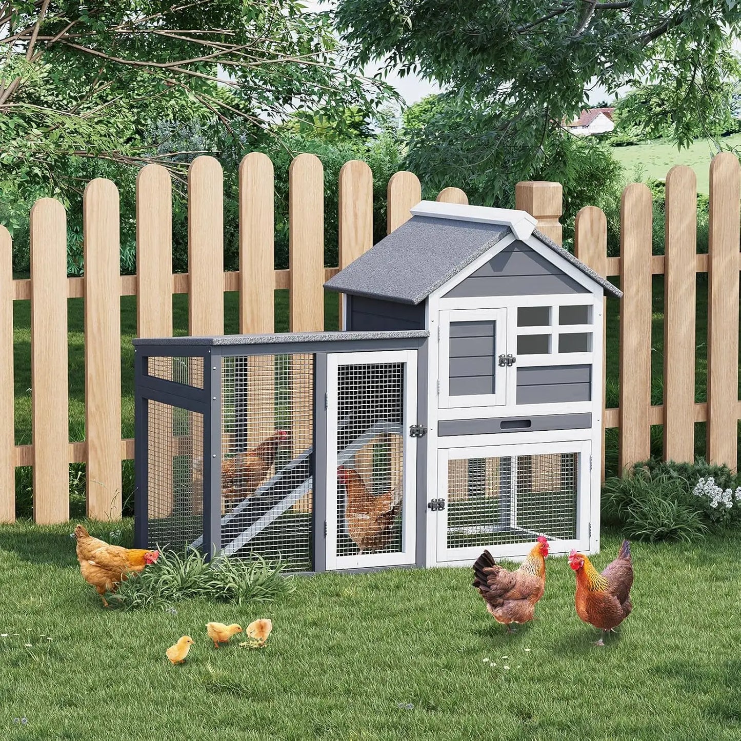 Rabbit Hutch Chicken Cage Indoor and Outdoor, 2-Story Rabbit Cage with Pull Out Tray, Wood Pet House with Ramp, Waterproof Roofs