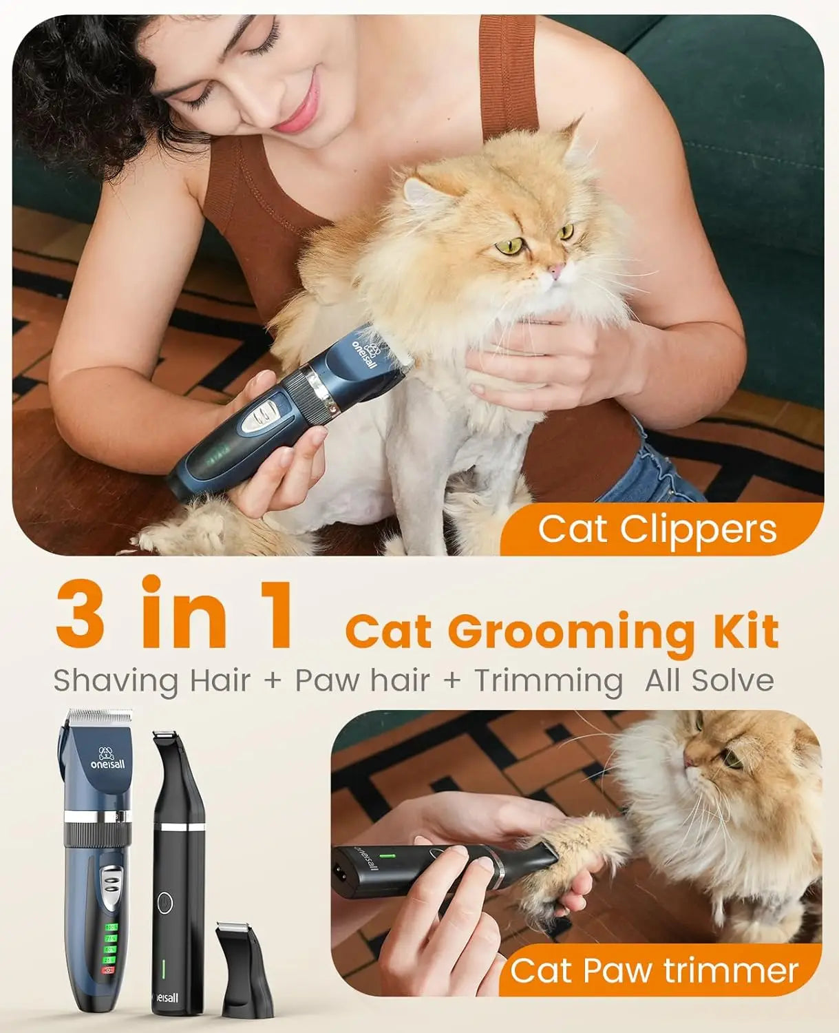 3-in-1 Cordless Cat Grooming Kit for Matted Hair, Quiet Pet Clippers with 2 Speeds & Paw Trimmer