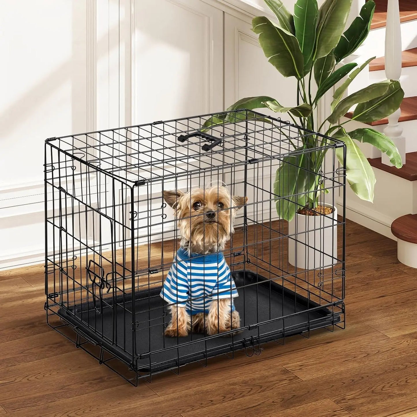 24 Inch Small Single Door Dog Cage with Leak-Proof Pan Tray, Folding Metal Wire Pet Kennel for Indoor, Outdoor, Travel