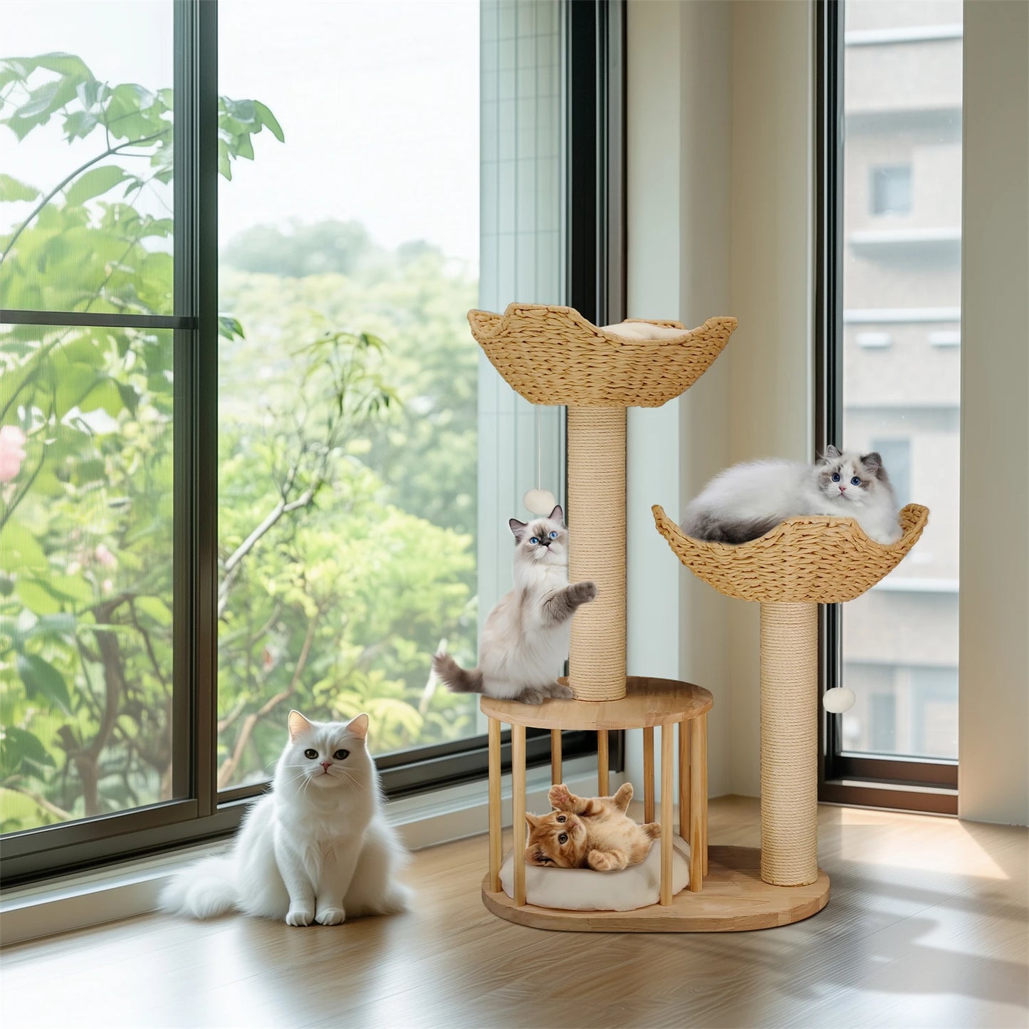 3 Tier Cat Tree Activity Tower Condo Furniture with Plush Cushion and Dangling Ball Sisal Scratching Post for Indoor Cats