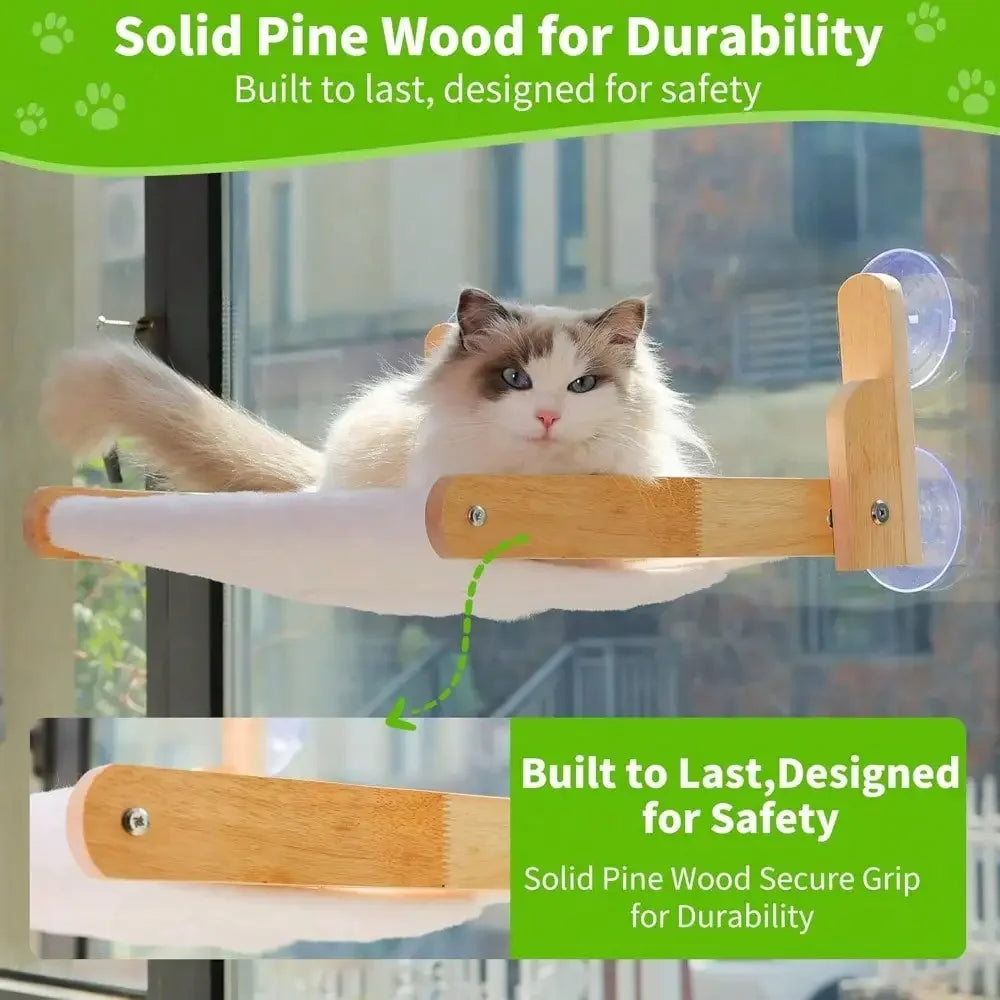 Cozy Wooden Window Perch For Cats, A Hammock Bed With Strong Suction Cups. No Drilling Required! The Soft, Faux Cover Is Washab