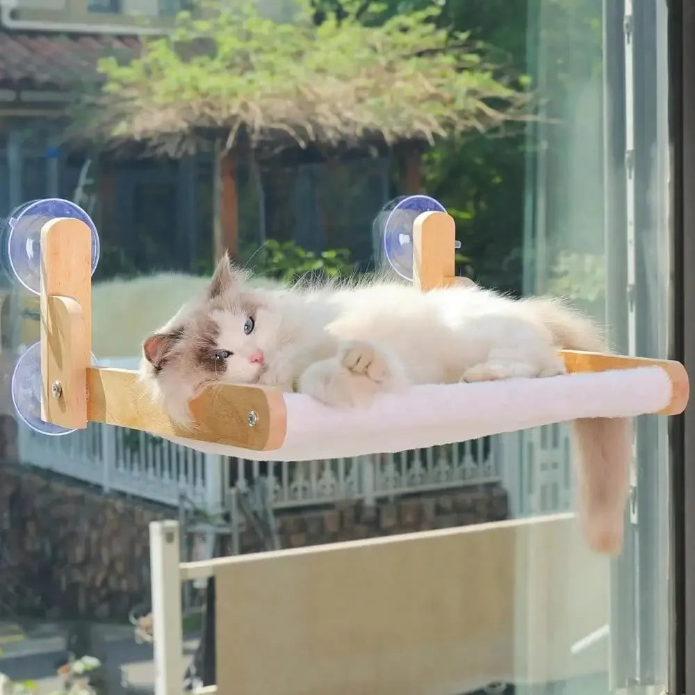 Cozy Wooden Window Perch For Cats, A Hammock Bed With Strong Suction Cups. No Drilling Required! The Soft, Faux Cover Is Washab