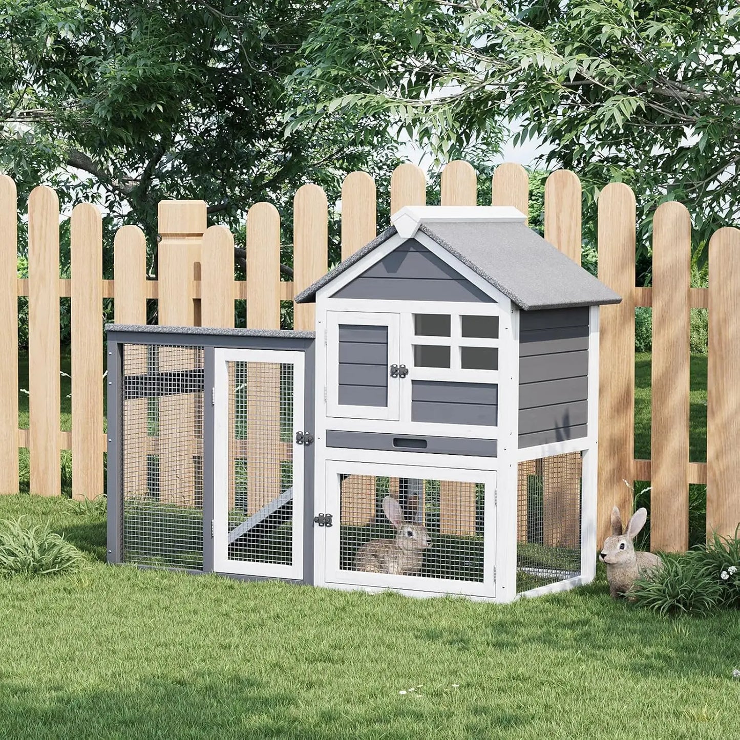 Rabbit Hutch Chicken Cage Indoor and Outdoor, 2-Story Rabbit Cage with Pull Out Tray, Wood Pet House with Ramp, Waterproof Roofs