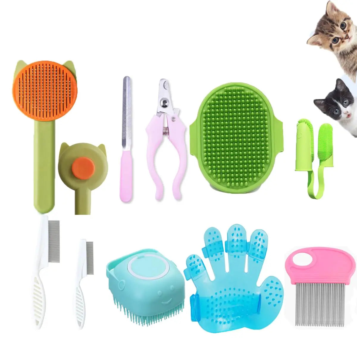 10PCS Pet Grooming Kit: Self-Cleaning Brush, Massage Glove, Nail Clipper & Flea Comb for Cats and Dogs