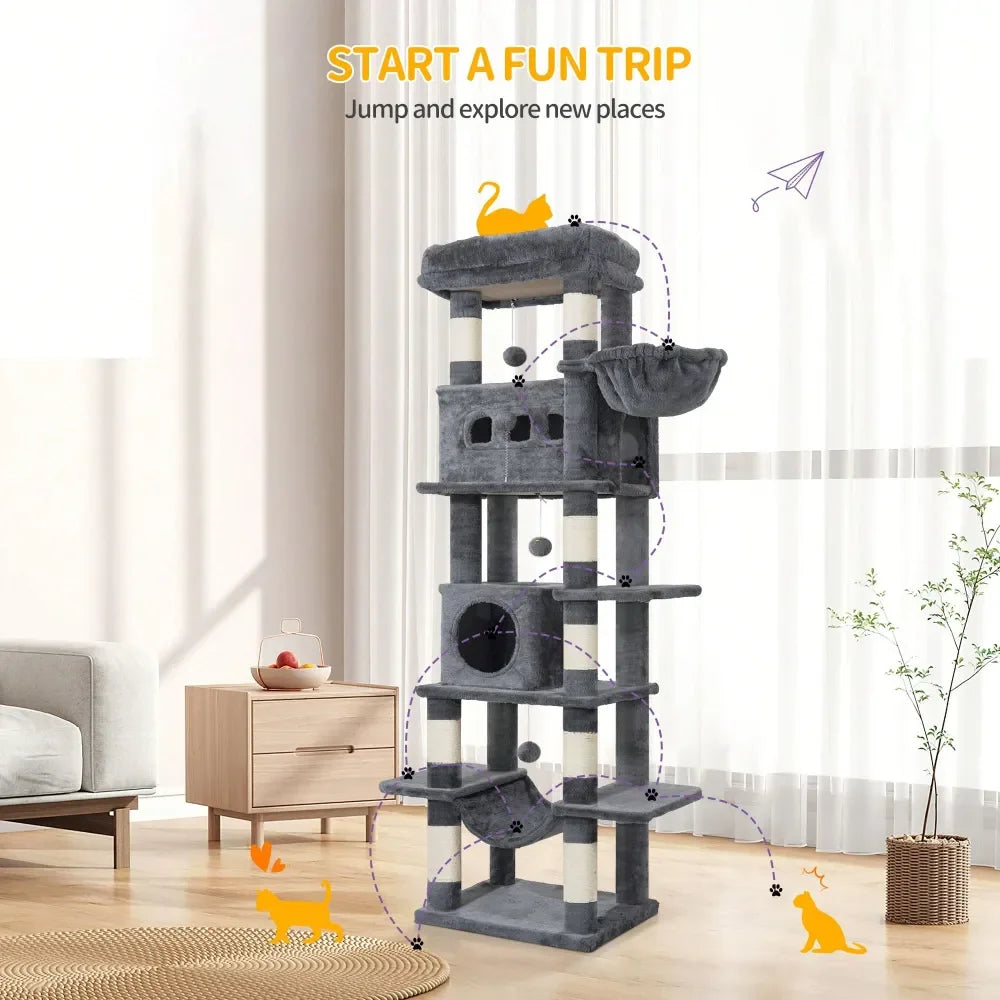 Cat Tree, 67 Large Tall Cat Tower For Indoor Cats, MultiLevel Cats House With Condo, 8 ching Posts, Hammock, 4 Pom Poms, D