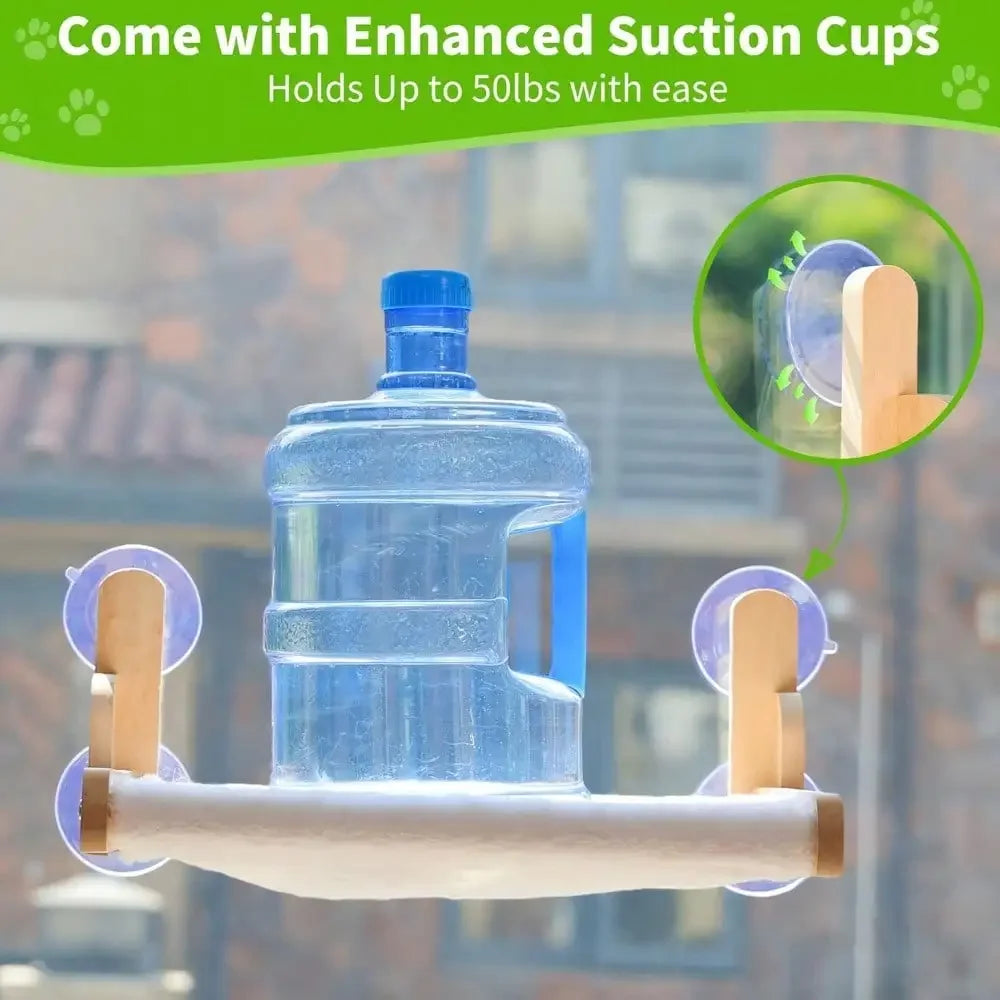 Cozy Wooden Window Perch For Cats, A Hammock Bed With Strong Suction Cups. No Drilling Required! The Soft, Faux Cover Is Washab