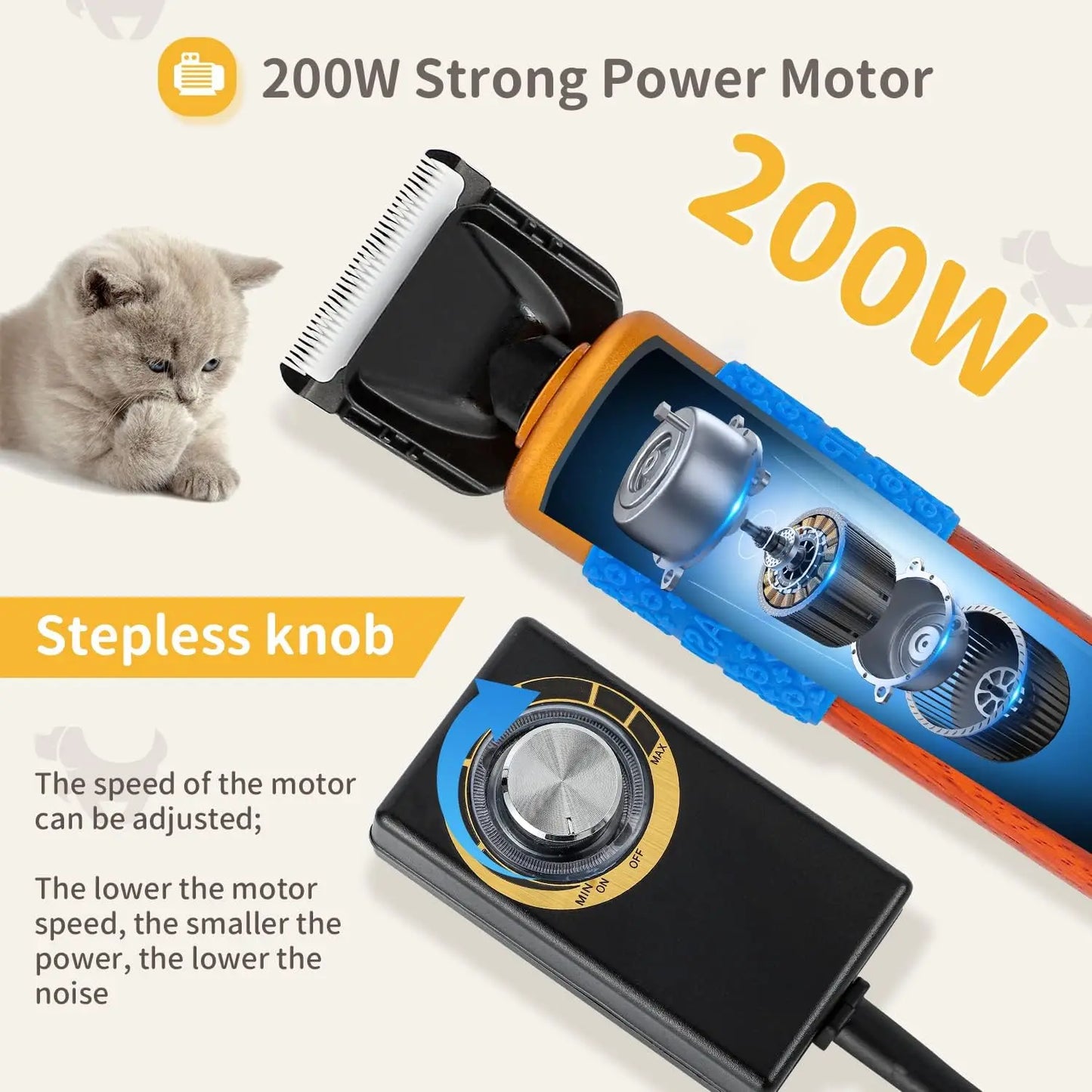 200W Low Noise Pet Hair Clipper Kit with Spare Blade for Dog Cat Sheep Grooming