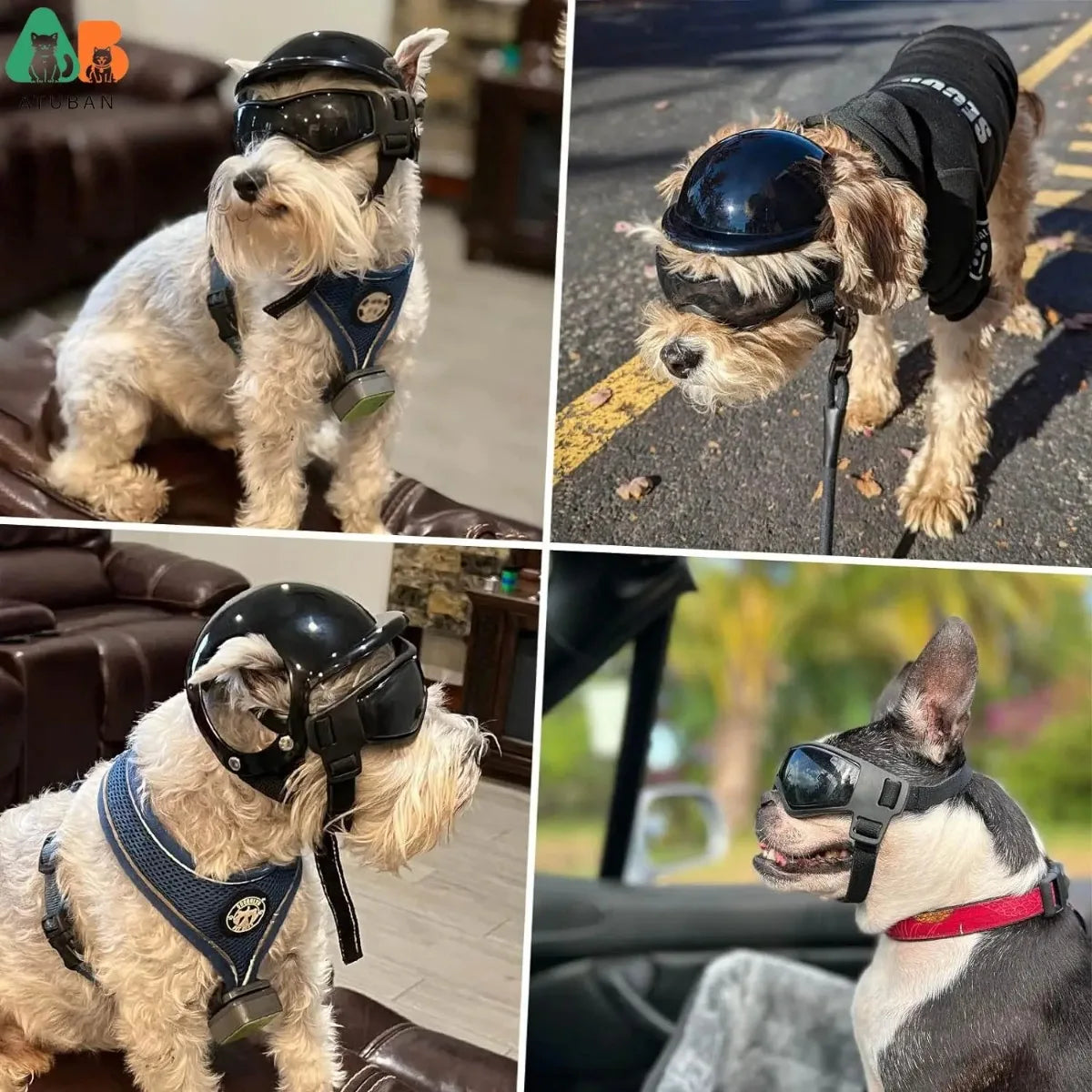 ATUBAN Dog Helmet and Dog Goggles for-Pet Motorcycle Helmet Hat with Ear Holes Adjustable Straps Safety Helmet for Puppy Riding