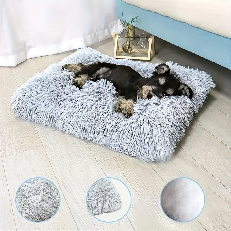 Large Thick Warm Plush Dog Bed & Cat Mat - 1pc Removable Washable Cover, Grey/White Pile, Soft Polyester for All Dog Sizes