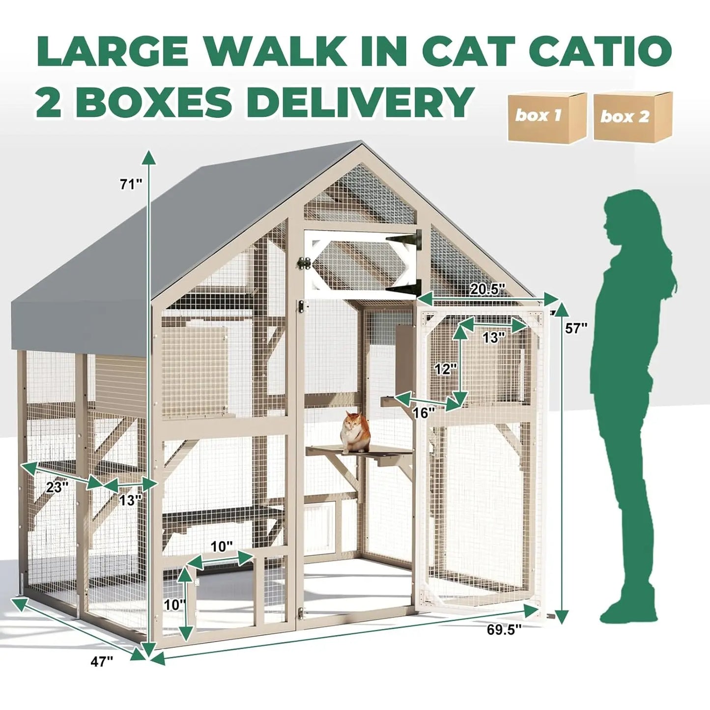 71" Weatherproof Outdoor Cat Enclosure Large Walk-in House with Window Multiple Cats 2 Condos 6 Platforms, Customized