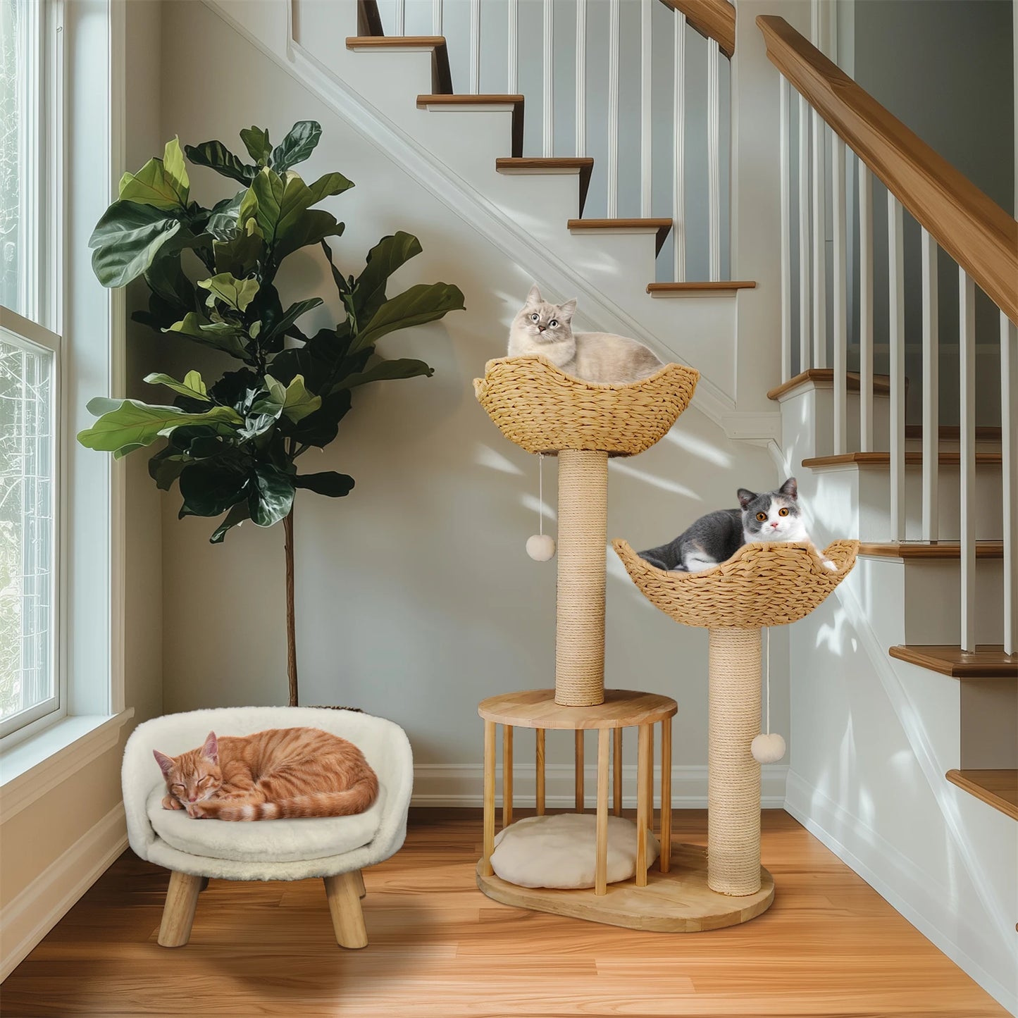 3 Tier Cat Tree Activity Tower Condo Furniture with Plush Cushion and Dangling Ball Sisal Scratching Post for Indoor Cats