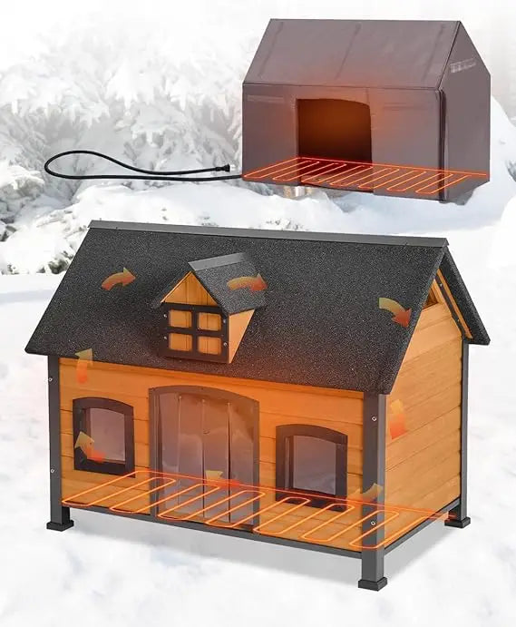 Insulated Outdoor Dog House with Heating Pad, Waterproof Kennel with Metal Frame, Winter Shelter for Small Dogs