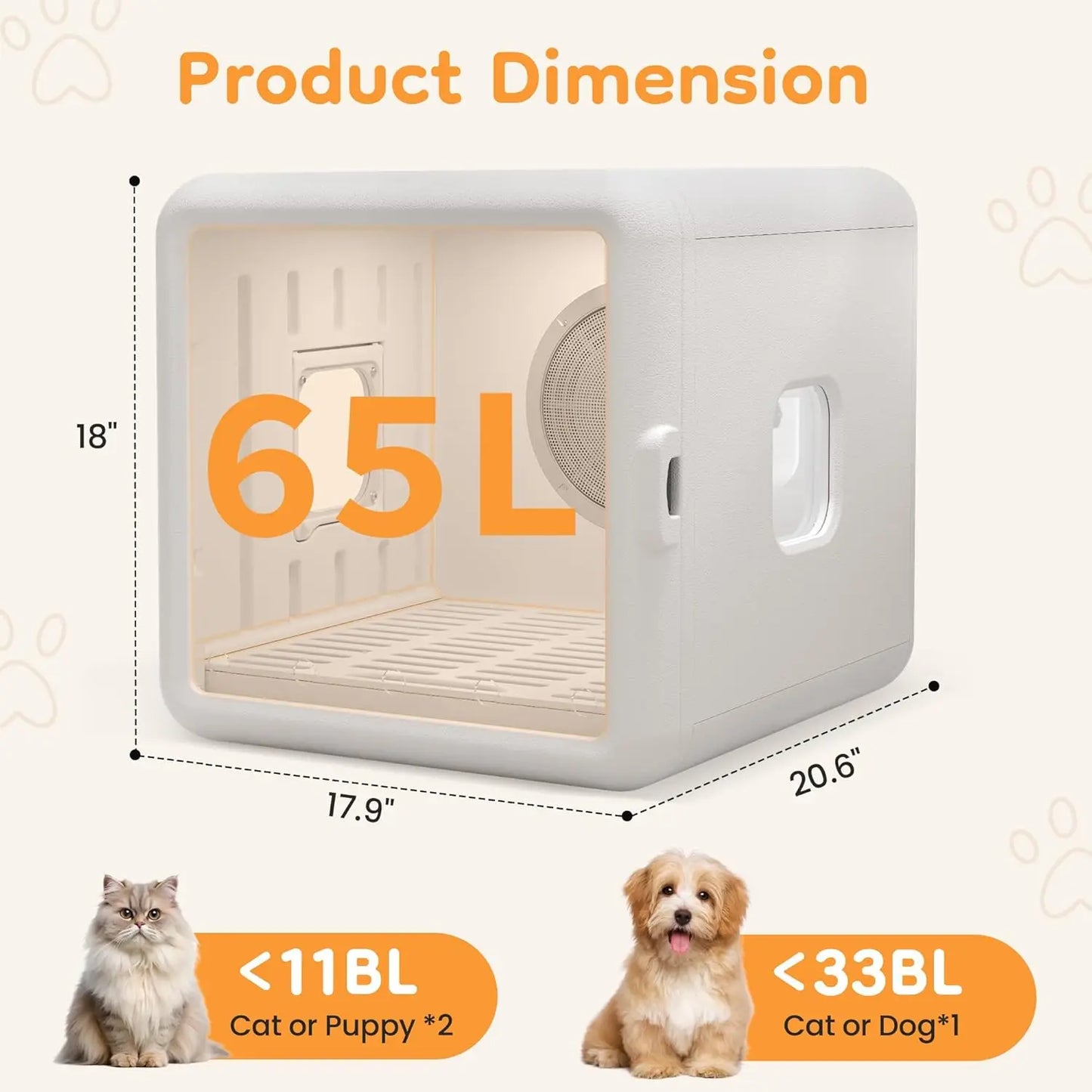 Automatic Pet Hair Dryer Box, 65L Large Capacity Dog Dryer for Cats & Small Dogs, Ultra Quiet Portable Pet Dryer, Customized