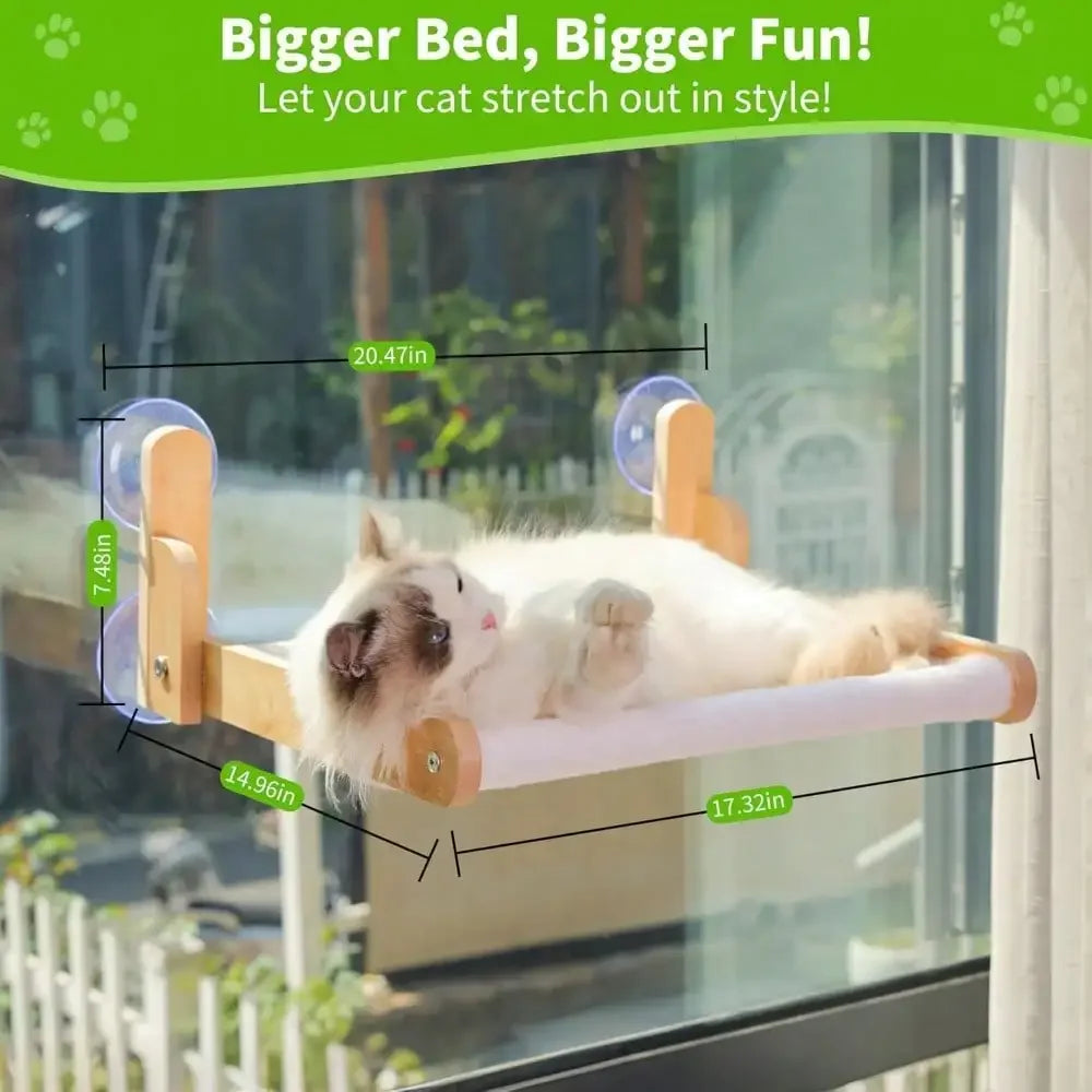 Cozy Wooden Window Perch For Cats, A Hammock Bed With Strong Suction Cups. No Drilling Required! The Soft, Faux Cover Is Washab