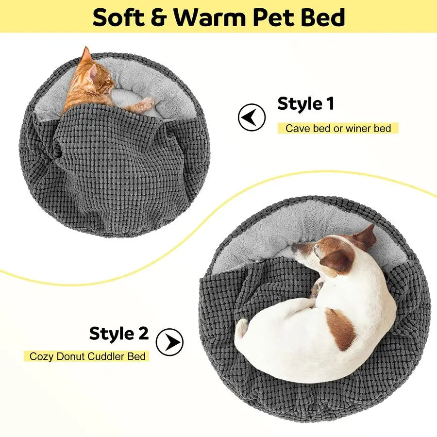 Small Dog Bed with Attached Blanket, Cozy Donut Cuddler AntiAnxiety Hooded Pet Beds Calming Cave Bed. Orthopedic Round Puppy Be