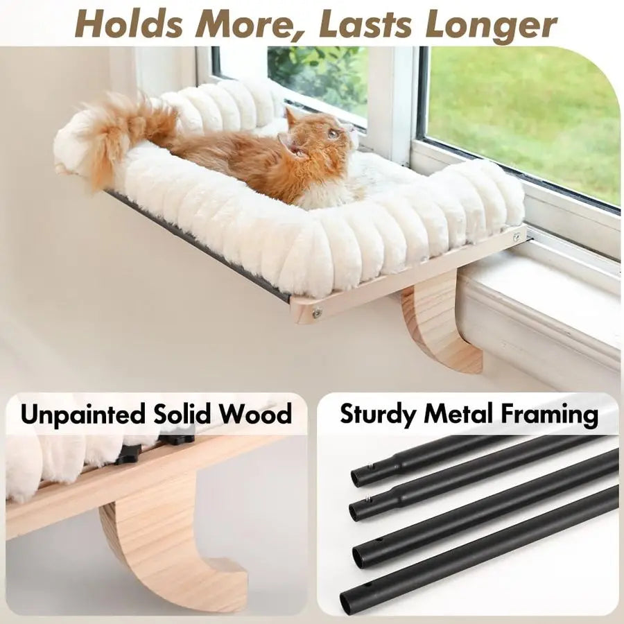 CloudSoft Cat Window Sill Perch with Zipper Designed Cushioned Bed, Supportive Cat Window Seat with Premium Solid Wood Sturdy M