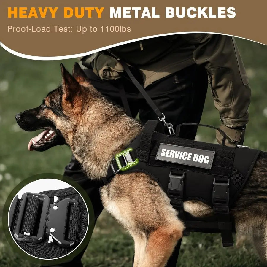 Service Dog Vest Harness for Large Dog, Tactical Working MOLLE Vest with 10 Pet Patches, No Pull Heavy Duty Harness for Trainin