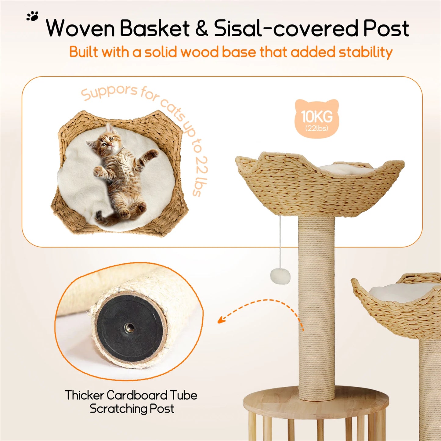 3 Tier Cat Tree Activity Tower Condo Furniture with Plush Cushion and Dangling Ball Sisal Scratching Post for Indoor Cats