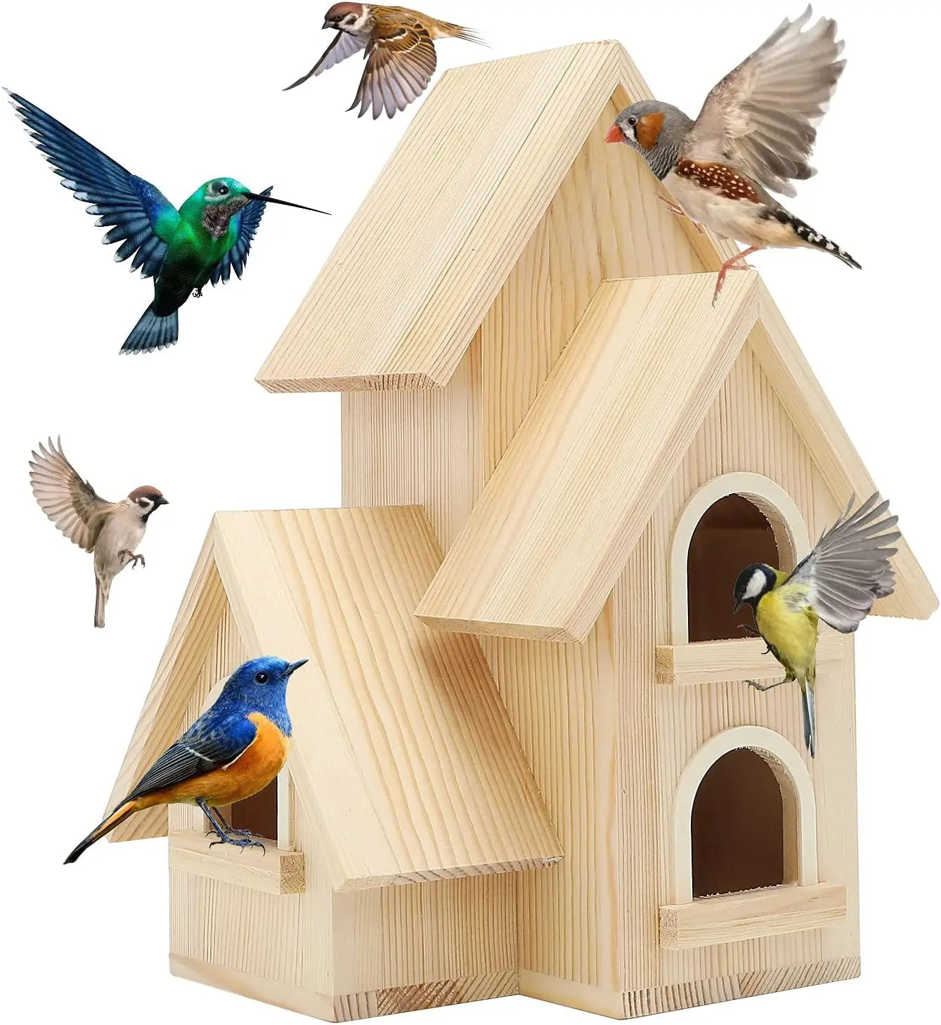 DIY Pine Wooden Bird House with Hanging Tools for Bluebird Hummingbird Wren Finch Garden Hut