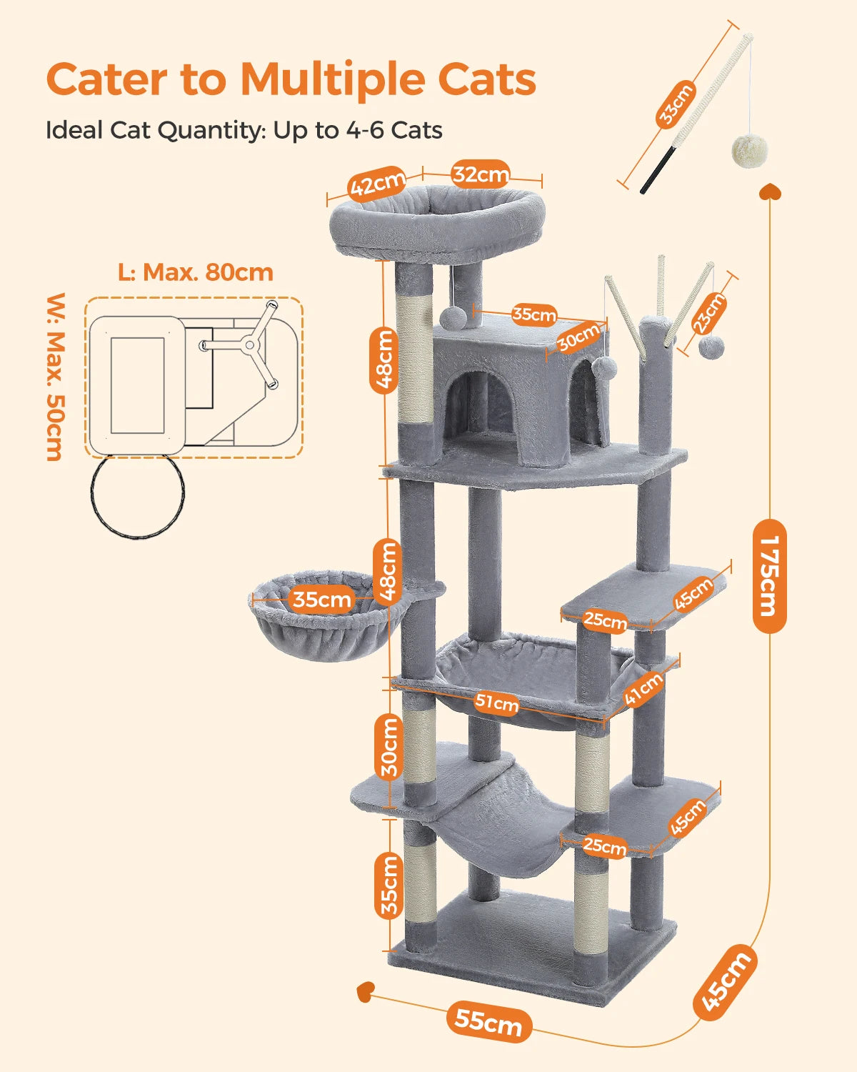 Sturdy Multi-Level Cat Tree Tower with Natural Sisal Scratching Posts,Cozy Hammock&Condo, Large Top Perch, and Fun Dangling Ball